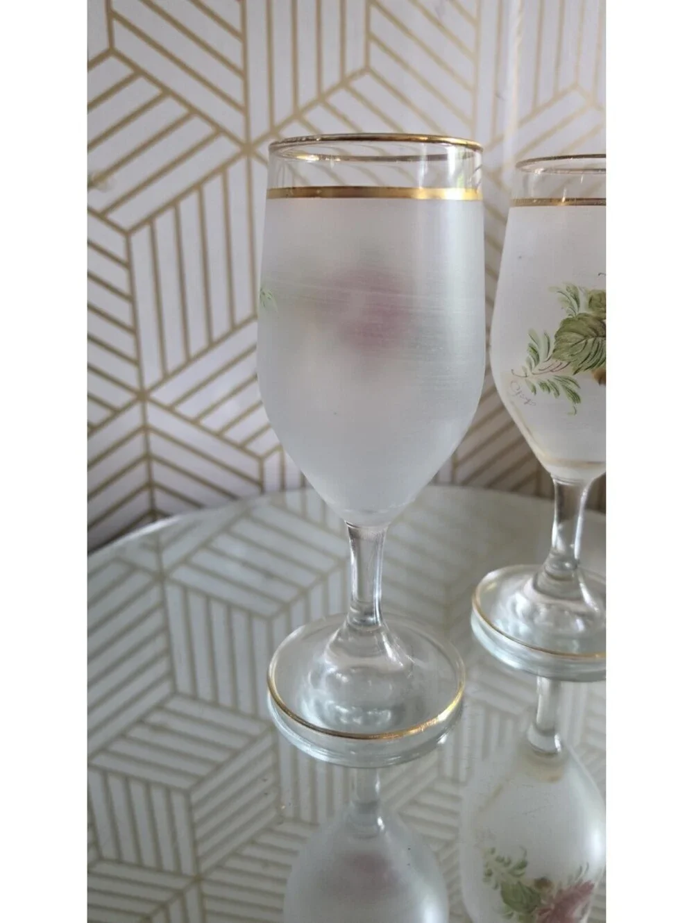 Vintage Interpur Handpainted Rose Frosted Wine Glass Pair 6 5/8”